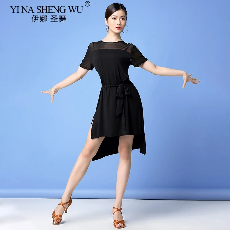 Black Latin Dance Costume International Dance New Sexy Dress Adult Women Short Sleeve Mesh Stitching Latin Dance Practice Dress