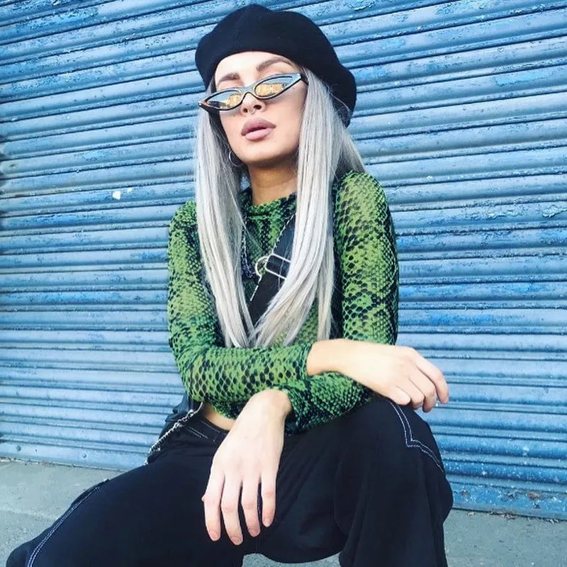 Casual Green Snake Print T Shirt Women Mesh Top Long Sleeve