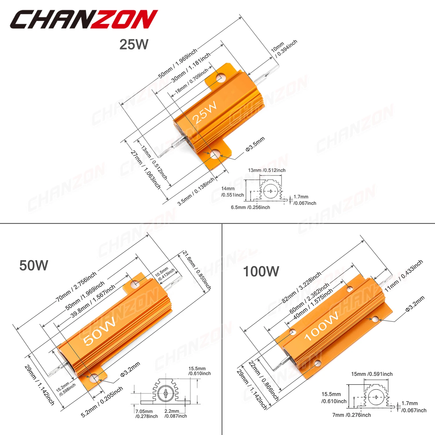 2pcs/Pack 25W 50W 100W Wirewound Metal Resistors 0.5 1 2 3 4 6 8 10 12 15 20 25 50 75 100 500 1K 10K K Ohm High Power Resistance