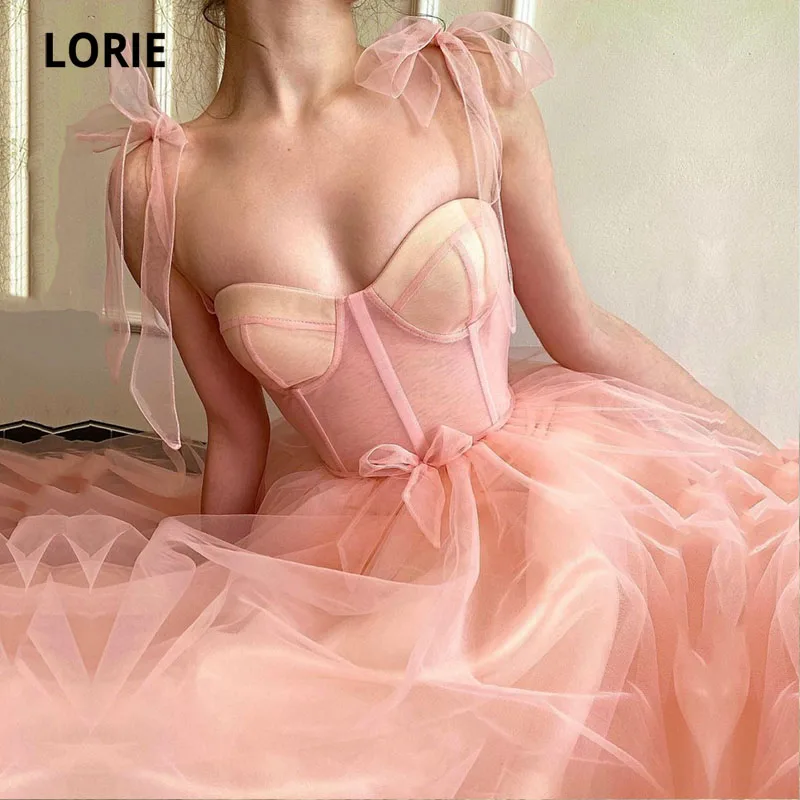 LORIE Fairy Pink Prom Dresses Spaghetti Strap A-Line Arabic Evening Gown Blush Pink Long Celebrity Party Dress for Graduation