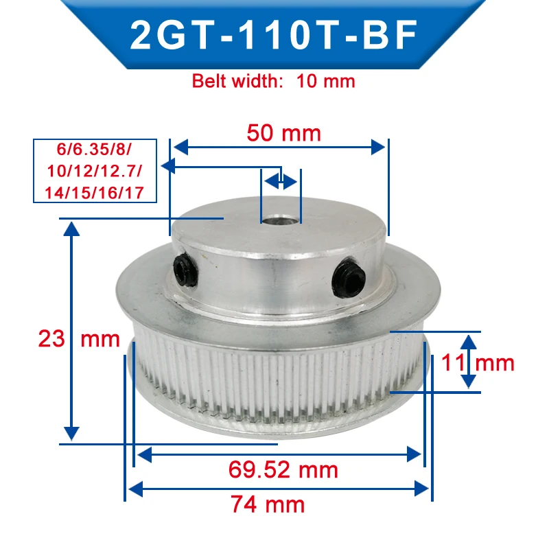 GT2-110T Диаметр шкива 6/6,35/8/10/12/12,7/14/15/16/17/19/20/25 мм Соответствие шкива с зубчатым ремнем GT2 6/10 мм для 3D-принтеров