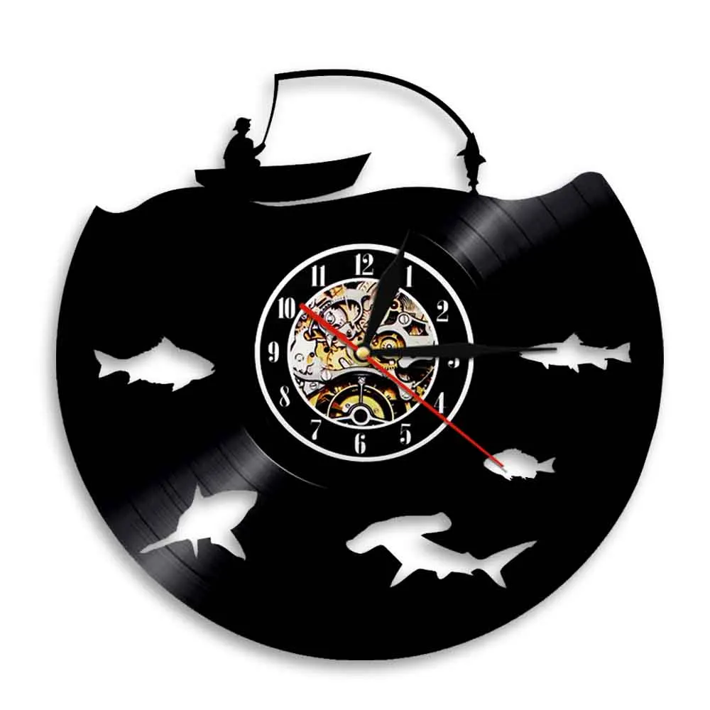 Fishmen Go Fishing Vinyl Record Wall Clock Fish Peterman Art Decorative Hanging Watch Handmade Vintage Artwork Decor Home