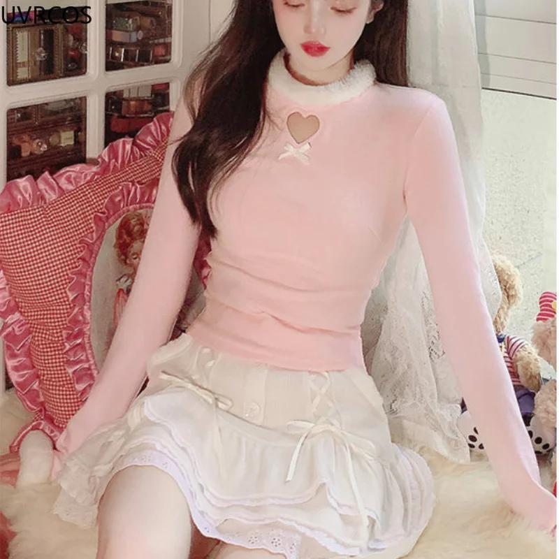 Sweet Pink Lolita Kawaii T-shirt Women Winter Warm Plush O-neck Chic Heart Hollowed Out Long Sleeve Tops Korean Casual T Shirts