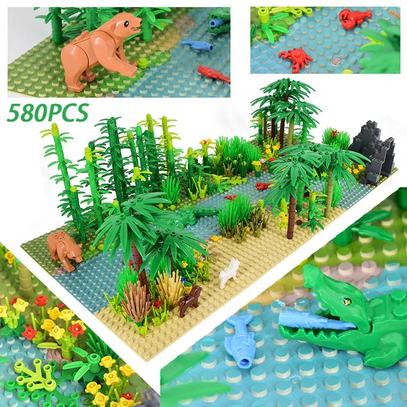 MOC Parts Building Blocks Rainforest Jurassic Dinosaurs Park Animal Green Grass Jungle Bush Flower Tree Plants Brick Toys Gift