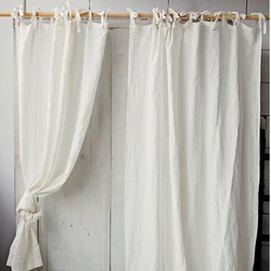 Pure Linen White Sheer Curtain, Semi Transparent Voile Tie Top Pocket Curtain for Bedroom Living Room Sliding Door