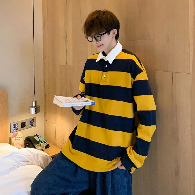 Autumn Striped Hit Color Long Sleeve Men Polo Tshirts Fashion Branded Blue White Yellow Black Japanese Streetwear Plus Size Tops