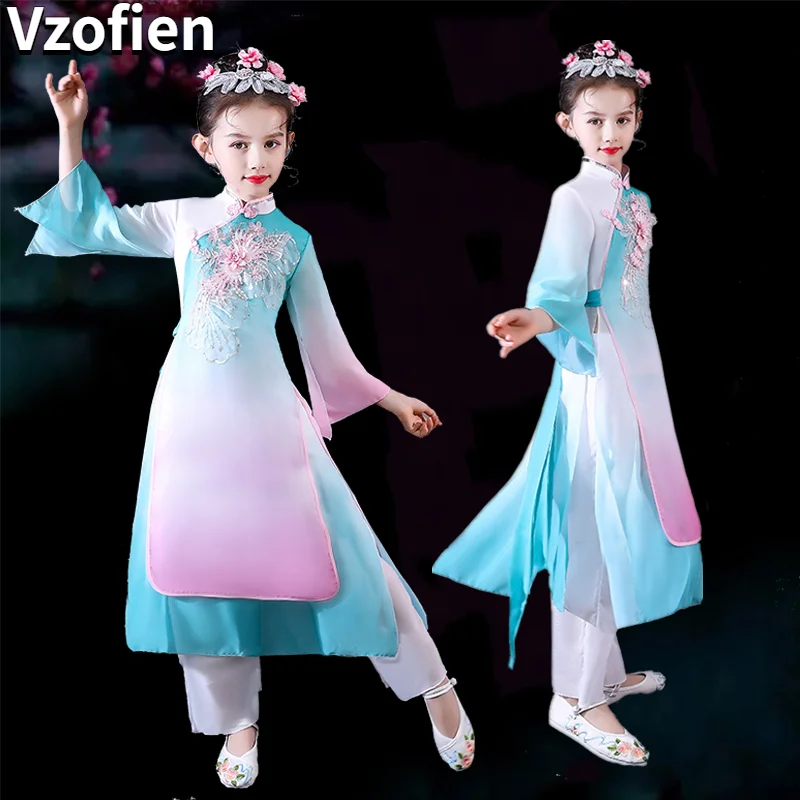 

Girls Classical Yangko Dance Costumes Elegant Embroidery Yangko Dance Wear Fan Umbrella Dance Performance Hanfu Clothing