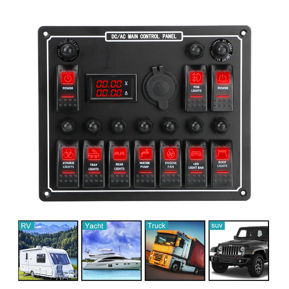 Rocker Switch Panel Car Auto Marine Overload Protection 15A DC Output Dual Power Control 10 Gang Waterproof