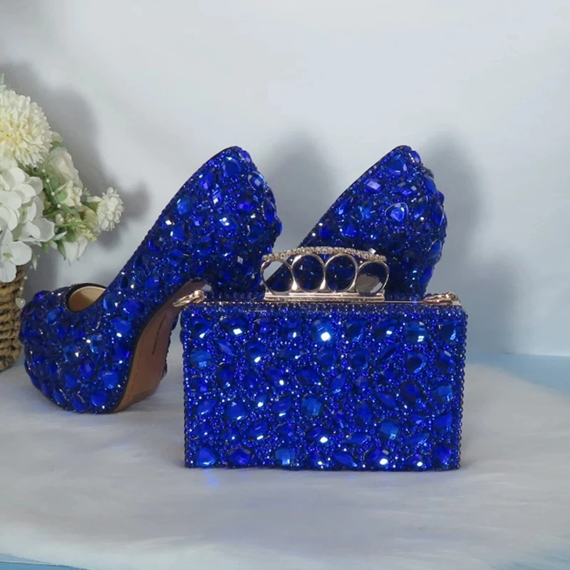 Blue Crystal Bride Wedding Shoes With Bag Set Bridesmaid Party Dress Shoes Women 14cm Super High Heels Rhinestone Pumps Handbag