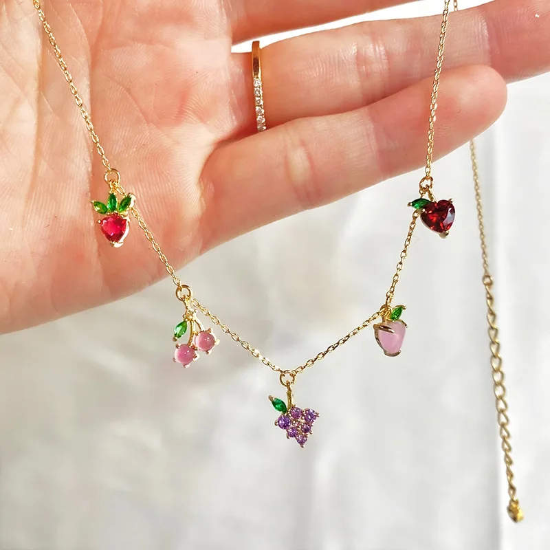 E.B.belle Summer Hot Cute Korean Fashion Jewelry 18k Gold Plated Cherry Grape Peach Multiple Fruits Charm Choker Necklaces Women