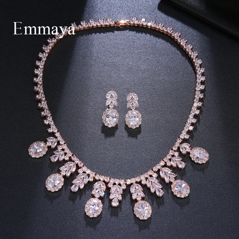 Emmaya New jewelry Design Luxury Style Leaf Round Stone For Women Lovely AAA Zircon Necklace Earring Banquet Gifts For Friends