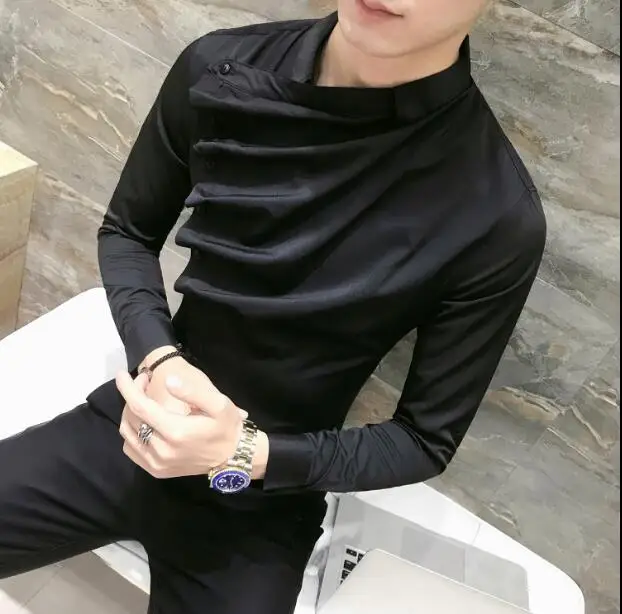 

Men Irregular Shirt Hairdresser Folds Blouse Long sleeve Black Fashion Spring Work