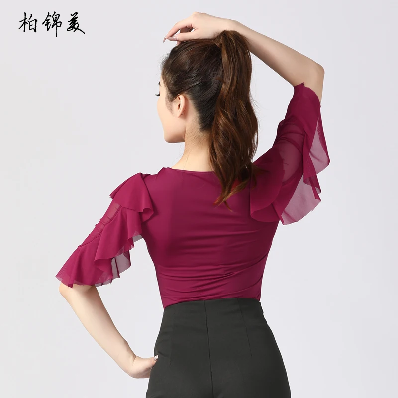 Camisa de baile latino para mujer adulta, traje de actuación de baile moderno, competición estándar nacional, cuello en V, manga de loto, competición