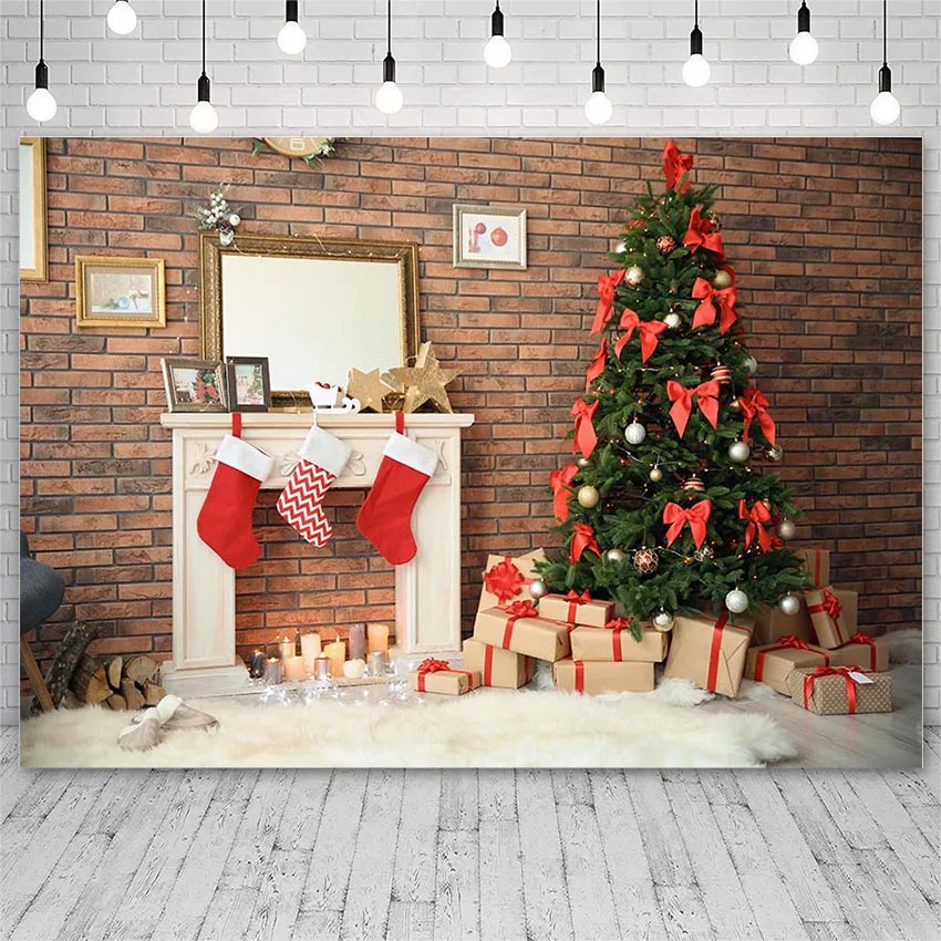 

Avezano Merry Christmas Photography Backdrop Winter Tree Gift Fireplace Socks Brick Wall Background Photo Studio Photozone Decor