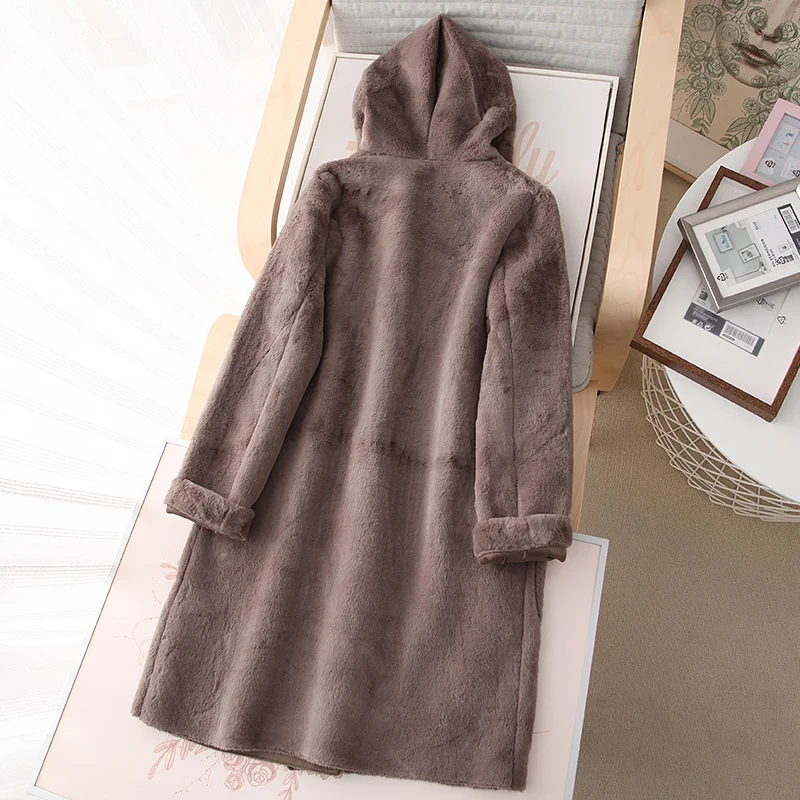 Winter Autumn Fashion Women Suede Medium Long Jacket Reversible Wear Loose Straight Hooded Coat Streetwear Full Sleeve Trench