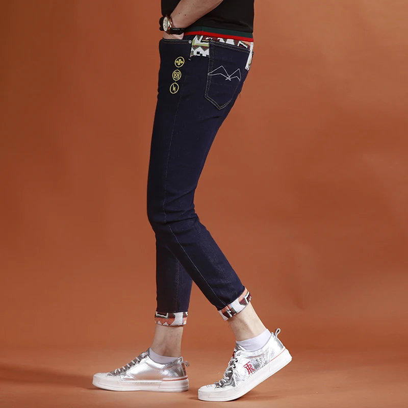Men's Embroidery Blue Stretch Jeans Summer Fashion Casual Spliced Slim Fit Ankle-Length Pants