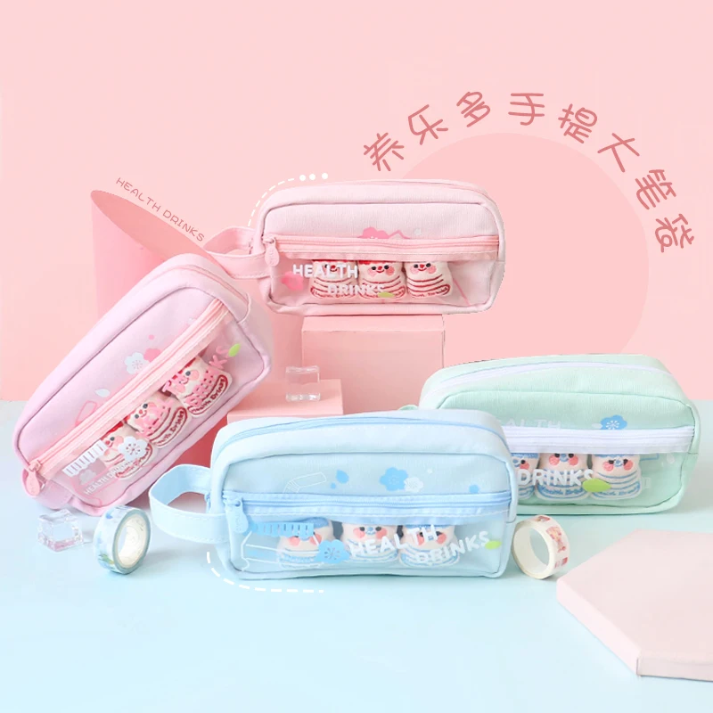 Large Capacity Cute Pencil Pouch Canvas Cosmetic Bag Multi-function Stationery Storage Bag