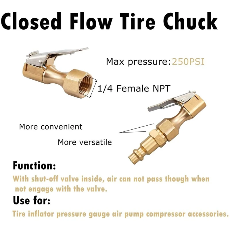 6PCS Brass Air Chuck Set,1/4 Inch Closed Ball Air Chuck & Female NPT Dual Head Air Chuck & Closed Flow Tire Chuck