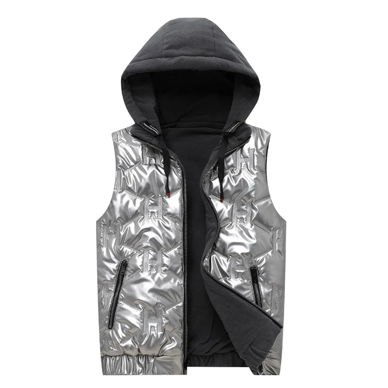 

123 Unique Design Men Hooded Coat Waistcoat Silver Warm Winter Fleece Patchwork Casual All-Match Outdoor Handsome Outwear Vest