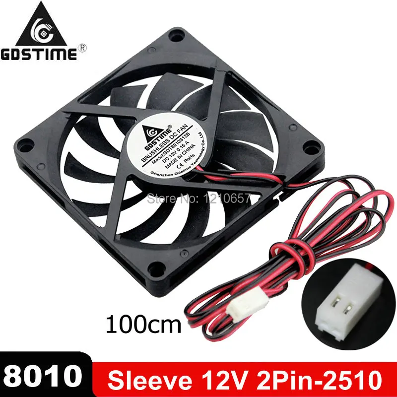 

10Pieces Lot Gdstime 80mm Fan DC 12V 2Pin 2510 Connector 100cm Cable Length 8010 8CM 80x80x10mm Brushless Computer Cooling Fans