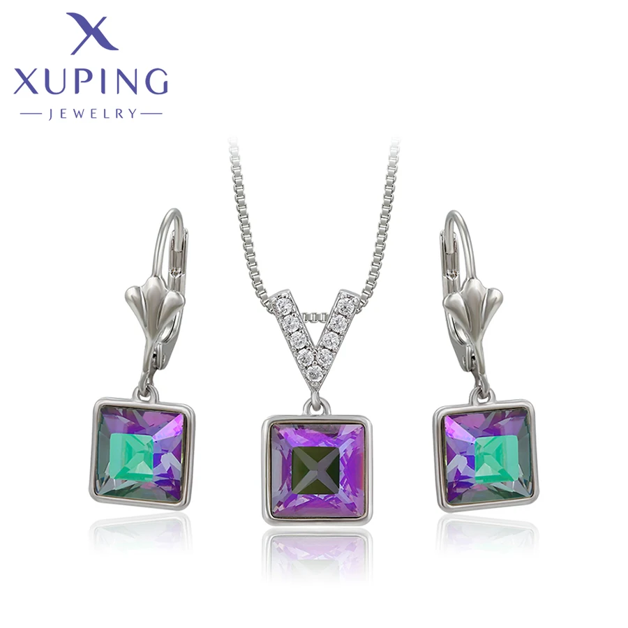 Xuping Jewelry New Arrival Square Shaped Crystals Jewelry Set Rodium Color Earrings Women Girl Gift 60122