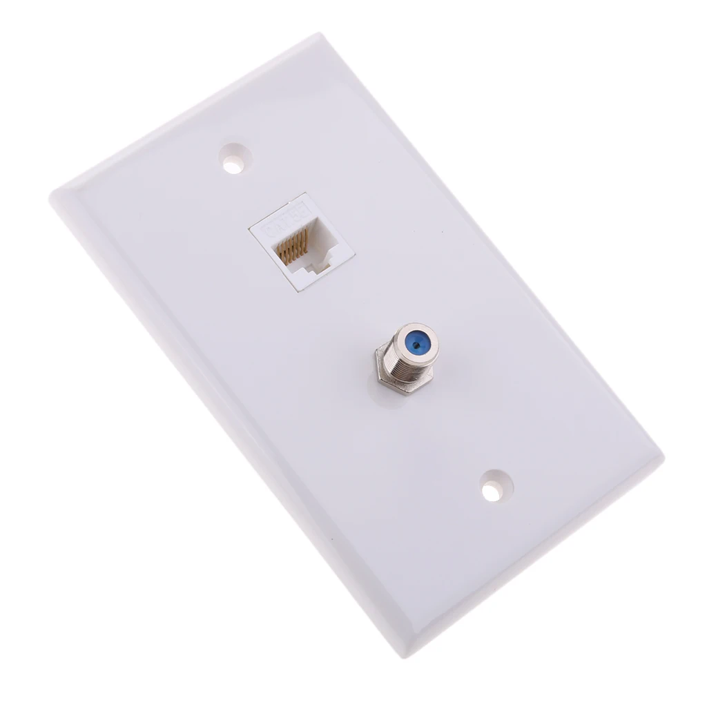 Ethernet Coax Wall Plate - Cat7 Coax Wall Plate with 1 Ethernet Port + 1 TV Coax Cable F-Type Connector - White