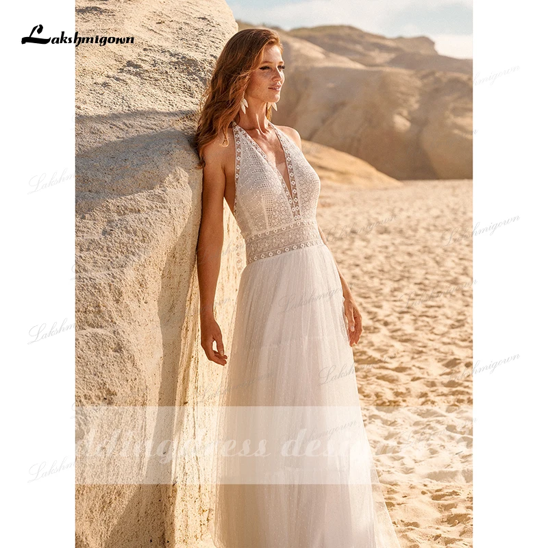 Vestidos de Novia bohemios con cuello Halter, Vestido de Novia de encaje con Espalda descubierta, estilo bohemio, para playa, 2021