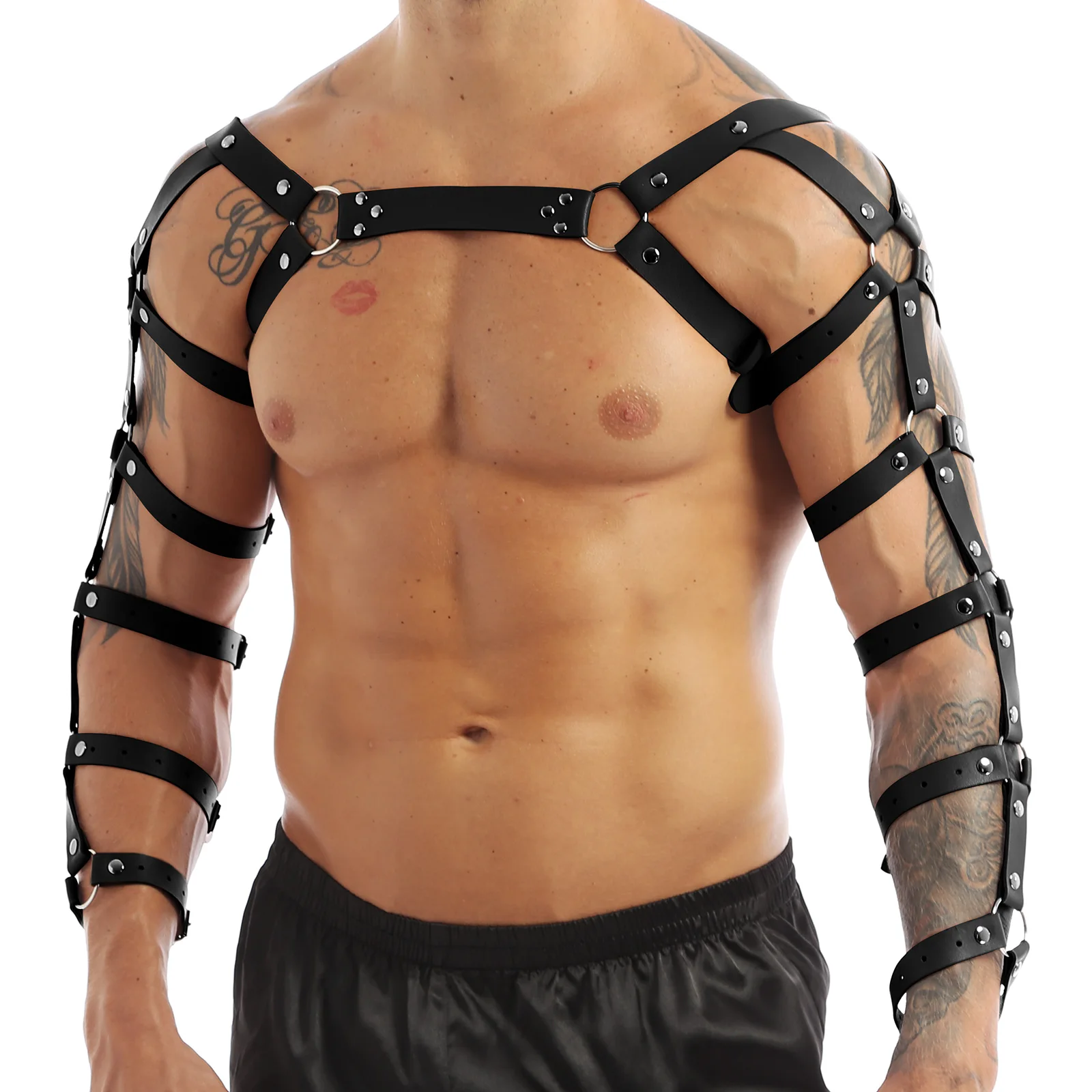 

iiniim Mens Gay Gothic Punk Faux Leather Bondage Arm Caged Body Chest Muscle Harness Costume Belt with O Rings Costumes Clubwear