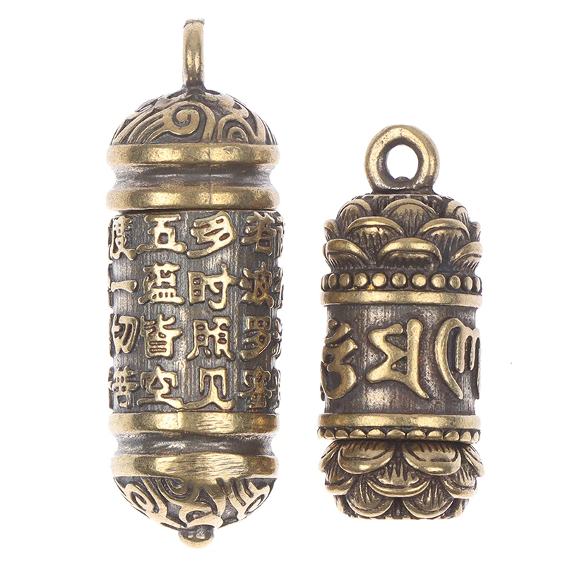 Pingente de cilindro de buda sutra de bronze vazado, colar, caixa de joias, recipiente de pílulas, garrafa, chaveiros, pingente