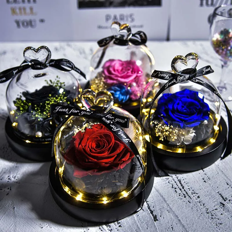 Beauty and Beast Natural Eternal Flowers Forever Preserved Rose In Glass Dome W Led Valentine Birthday Christmas Gifts for Her