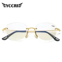 Rimless Cutting Oval Reading Glasses Anti Blue Light Business Spectacles Eyglasses Unisex Diopter+1.0 To +4.0