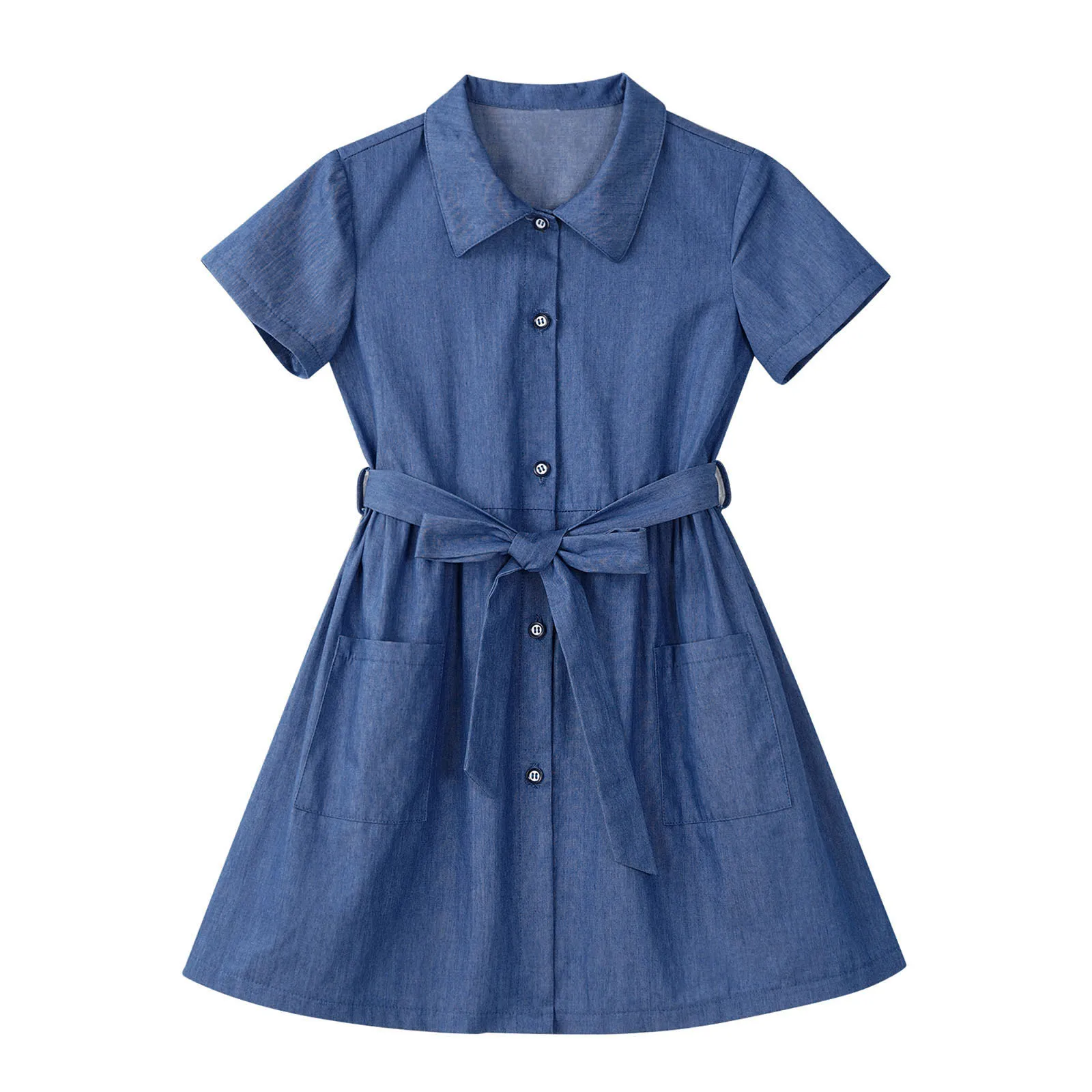 

Summer New Children Dresses Girls Denim Clothes Princess Dress Short Sleeve Lapel Denim Dress With Waist Belt Kids Clothing