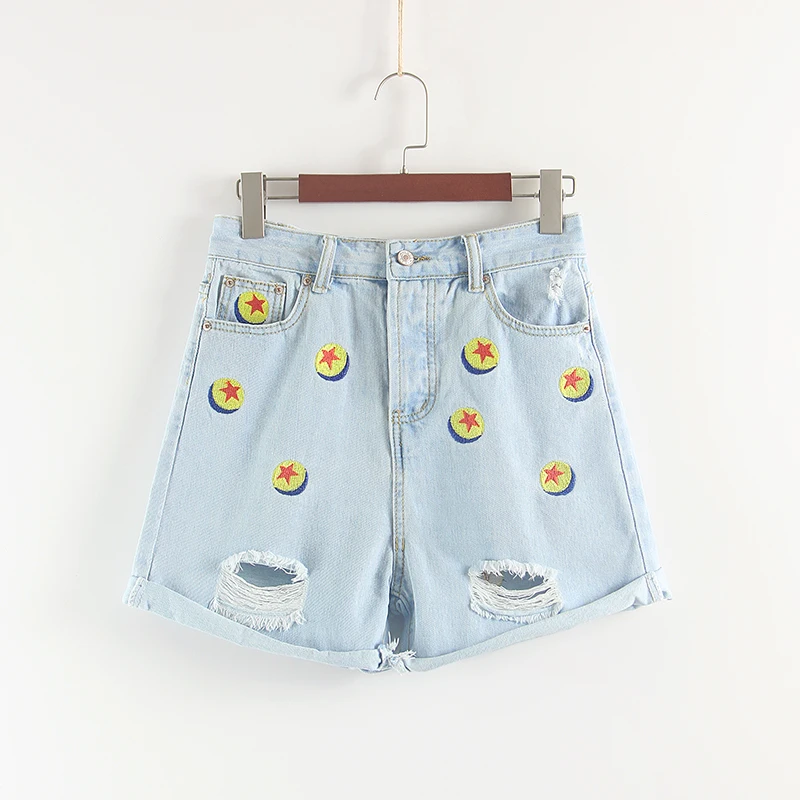 David & Di mom – short en denim pour femmes, taille haute, avec nœud de dessin animé, broderie, taille haute, avec trous lavés