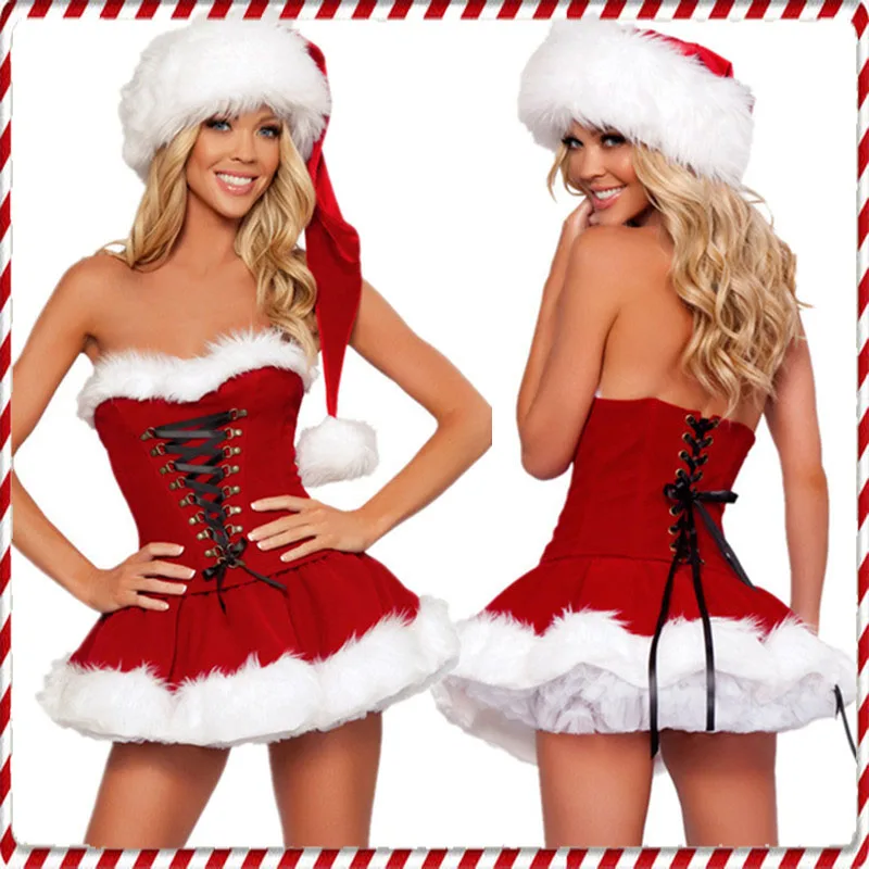 

Women Christmas Costumes Suit Xmas Party Sexy Red Velvet Dress Cosplay Santa Claus Costume Outfit S-XL