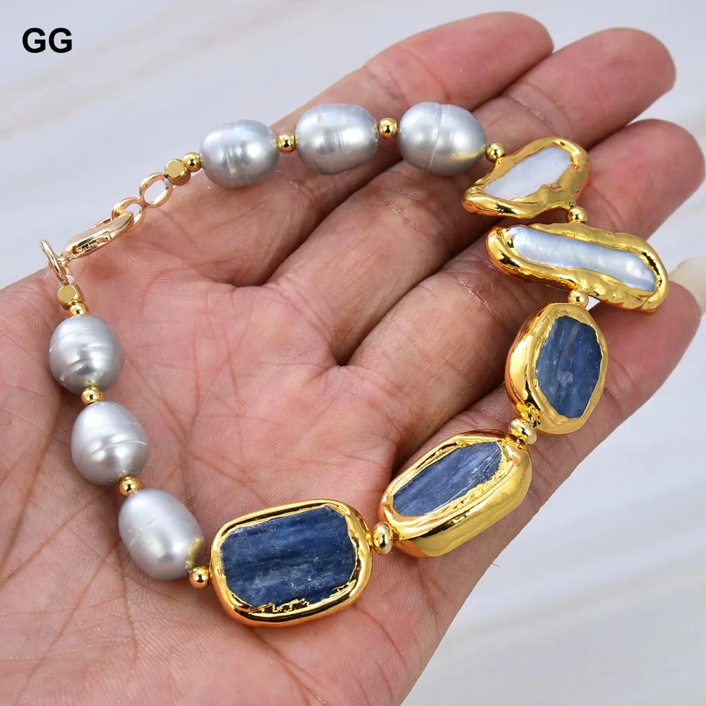 GuaiGuai Jewelry Natural Cultured White Biwa Pearl Gray Rice Pearl Blue Kyanite Bracelet 8