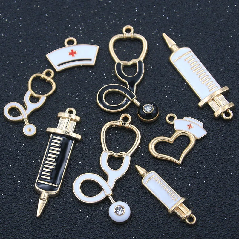 10PCS 6 Styles Charm Syringe Nurse Hat Stethoscope Dripping Oil Medical Doctor Pendant For Necklace Jewelry Making Accessories