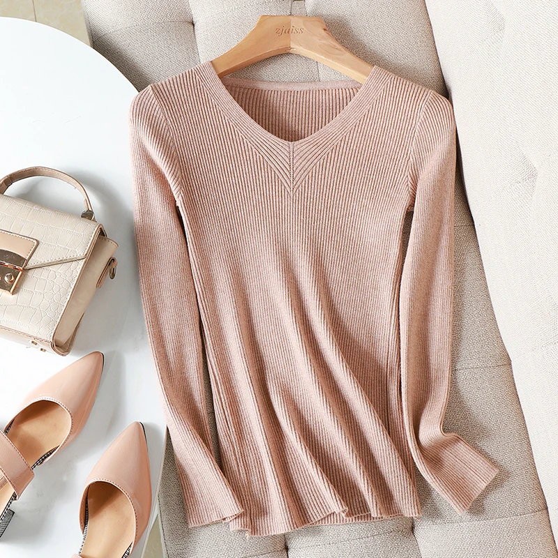 2026 NEW Autumn Winter Sweater Women Chic V-neck Slim Sweater female Knitted Pullovers long sleeve tops warm basic black