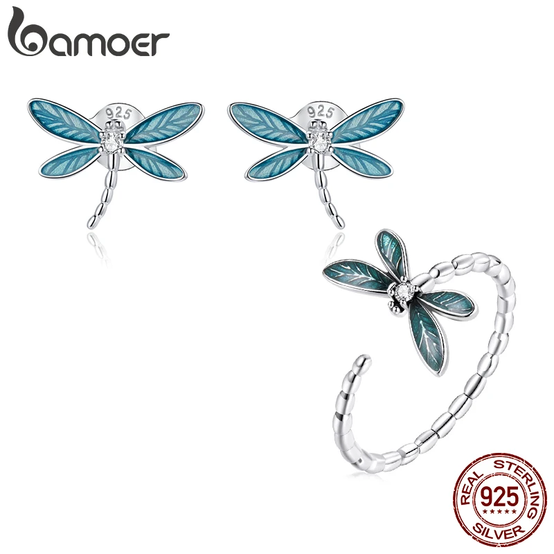 BAMOER Vintage 925 Sterling Silver Dainty Dragonfly Stud Earrings & Dragonfly Open Size Ring for Women Fine Jewelry Set Gift