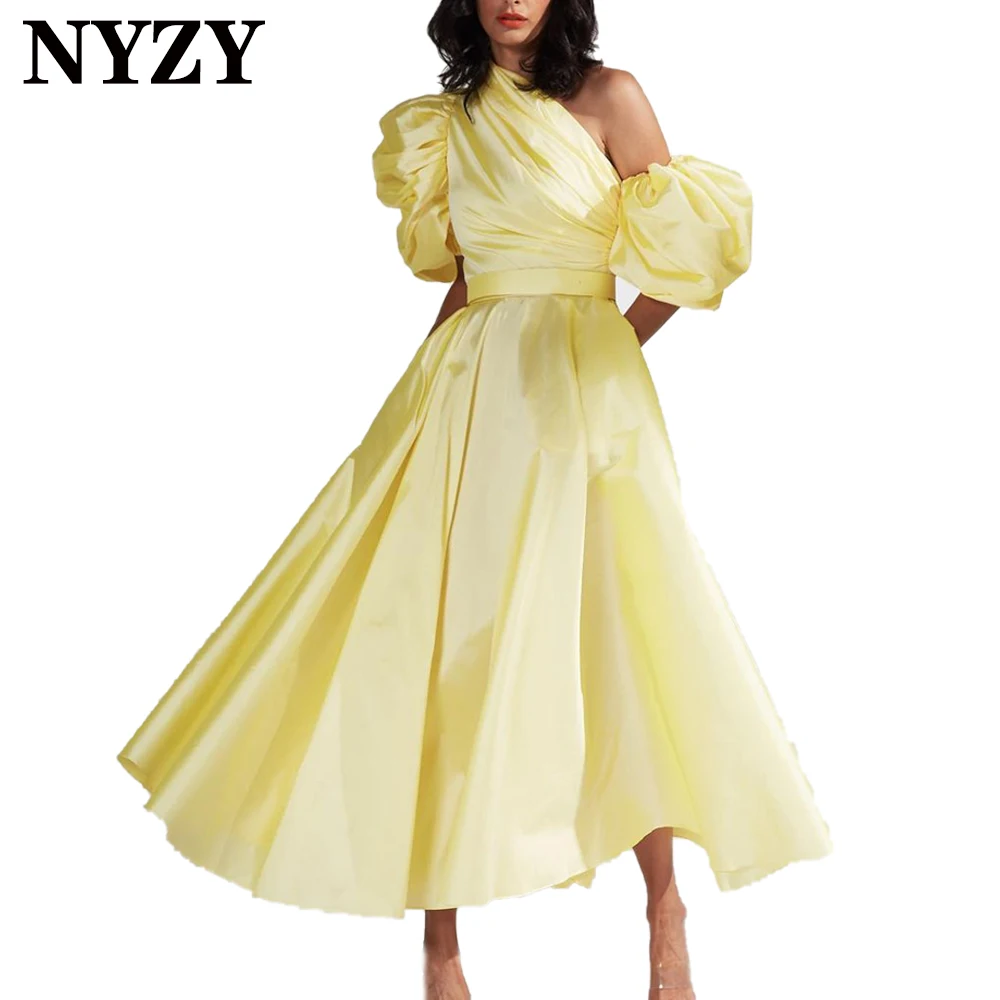 

NYZY Chic Puffy Sleeves Taffeta Yellow Short Prom Dresses 2021 Tea Length Party Dress Cocktail Graduation Homecoming Robes