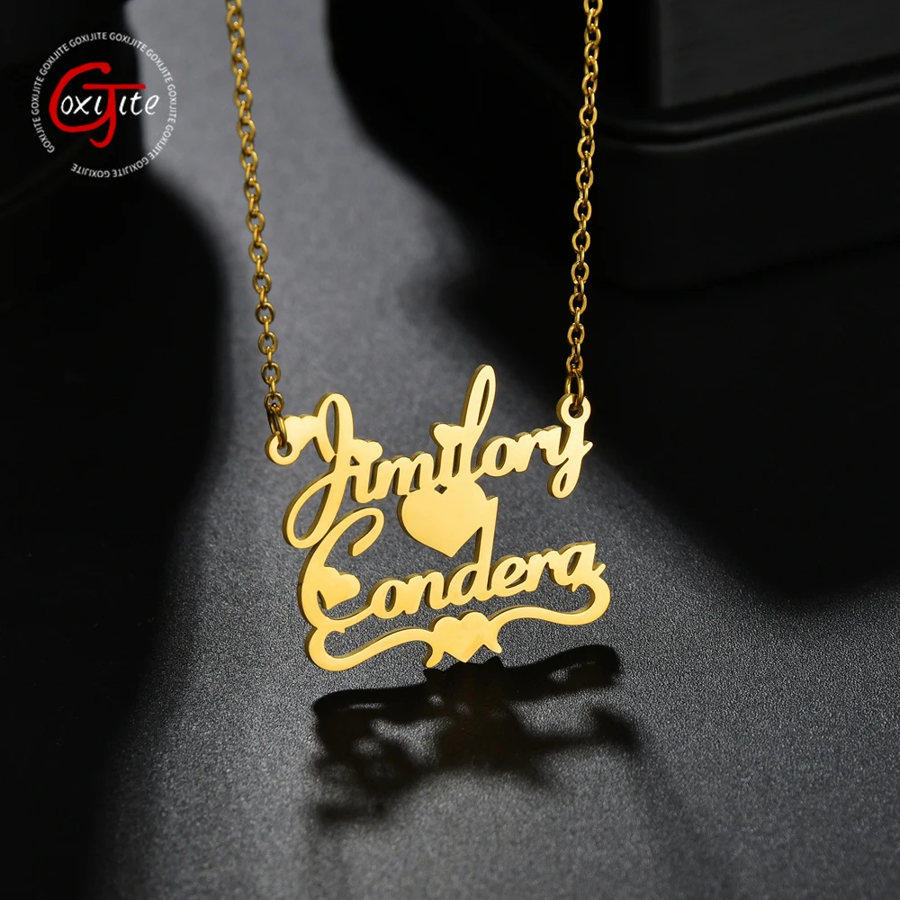Goxijite Customized 2 Names Necklace Personalized Letter Name Heart Pendant Necklace Stainless Steel Jewelry Gift For Women