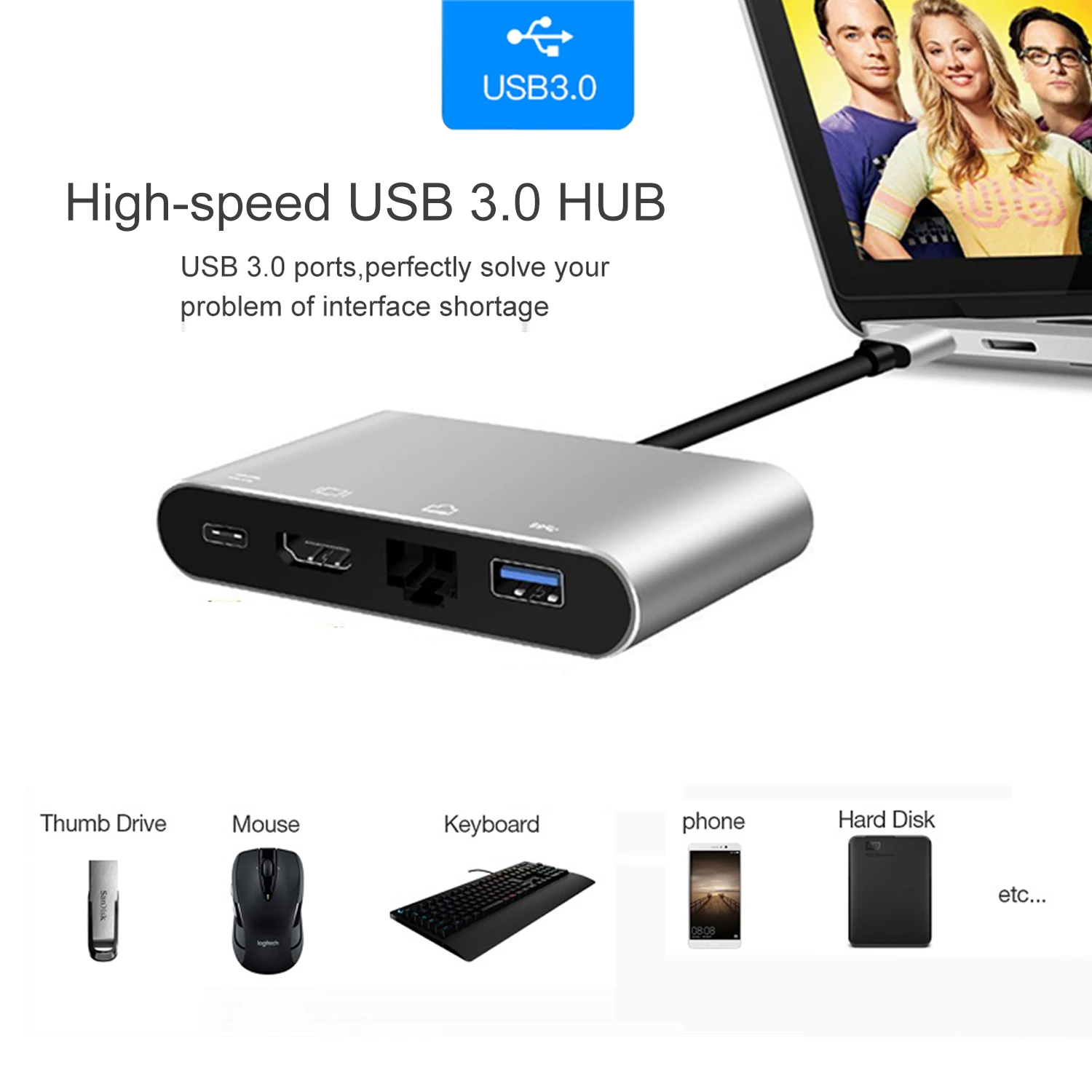 4 in 1 USB Type-C to HDMI 4K+ RJ45 Gigabit Ethernet Network Card + Type-C PD OTG Hub Adapter Cable for MacBook  USB-C Splitter