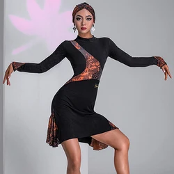Lew Latin Dance Dress Women Long Sleeves Black Dress Practice Dress Adult Latin Dancewear Rumba Ballroom Dance Costume DNV15498