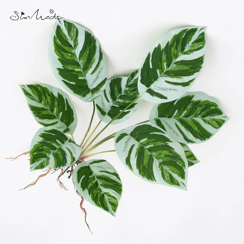 SunMade INS 9-Head White Oil Painting Arrowroot Artificial Plants for Home Decor Bedroom Decor Fake Plants for Office Monstera