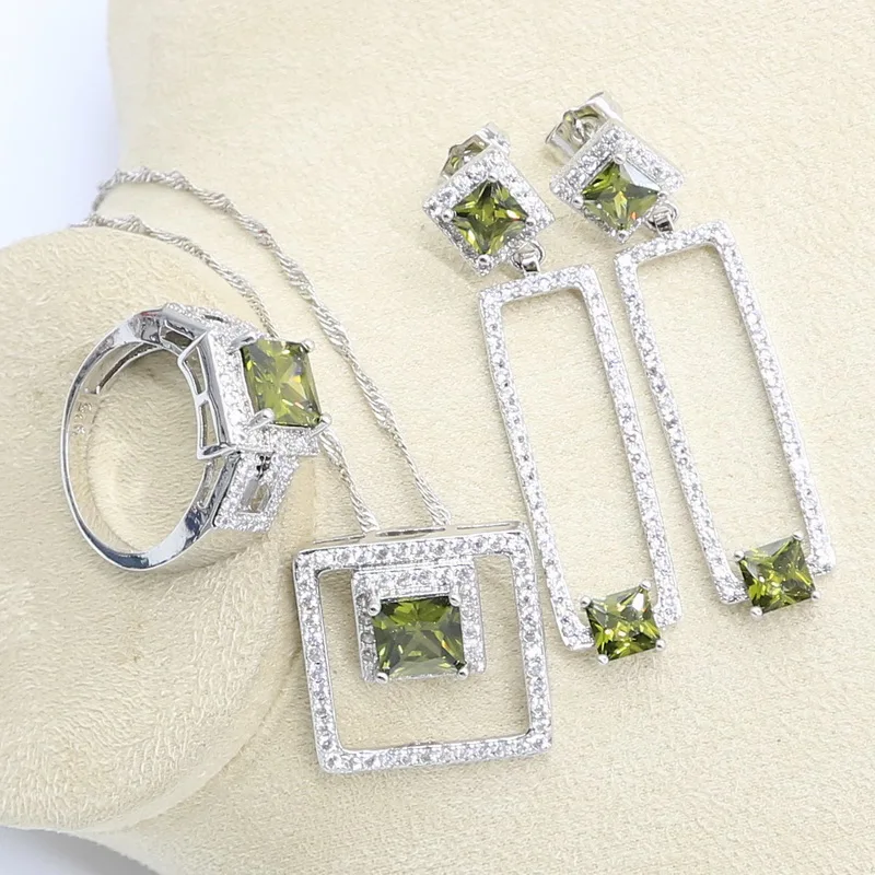 Olive Peridot Zircon Silver 925 Jewelry Set for Women Bridal Bracelet Long Earring Necklace Pendant Ring Birthday Gift