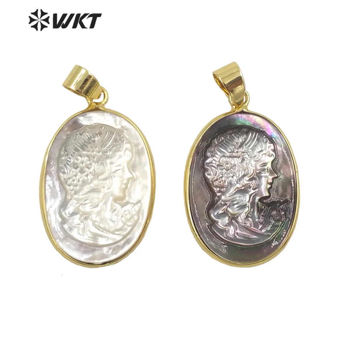 WT-JP269 Gorgeous hand-carved conch girl pattern shell oval gold metal pendant necklace earrings accessories procurement