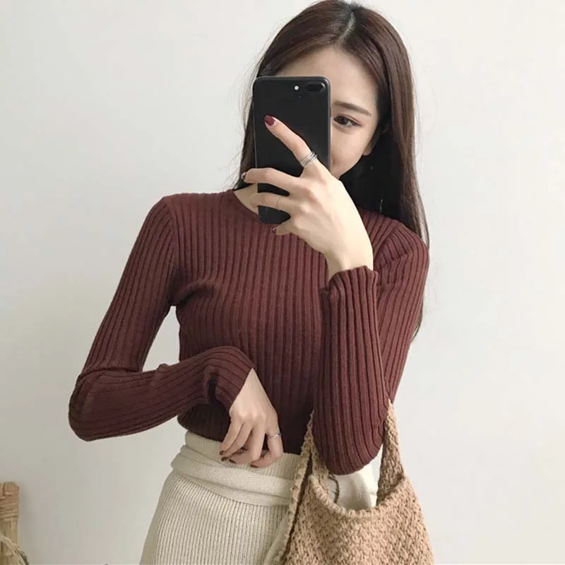 Women Sweater Knit Korean O-neck Pullovers Autumn Basic Female Slim Fit Solid Color Knitwear Jumper Pull Femme 2020