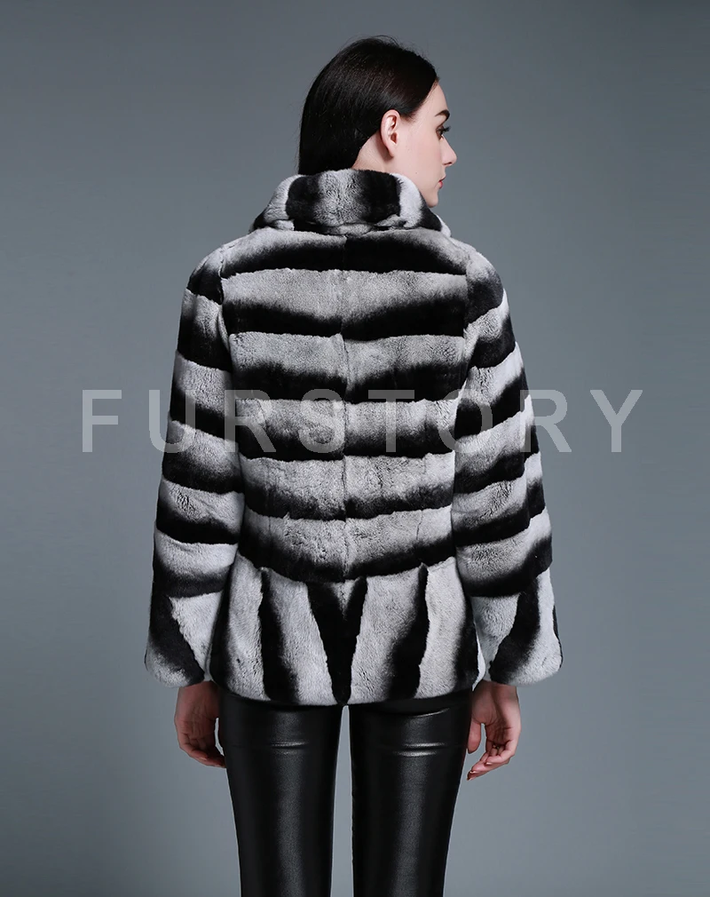 Chaqueta de piel auténtica para mujer, abrigos grandes con cuello vuelto, abrigos de piel de conejo, Color Chinchilla, FS15191