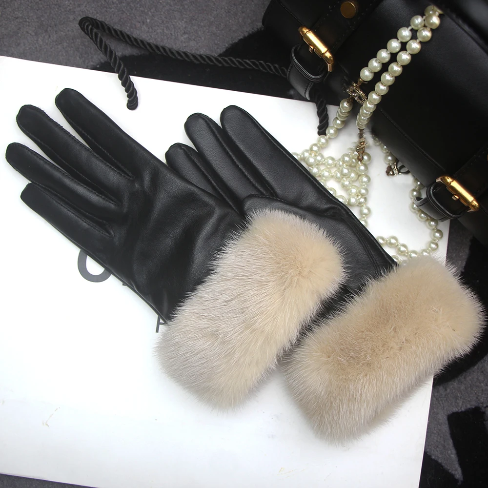 Women Real Mink Fur Gloves Soft Sheepskin Leather Gloves Winter Warmer 100% Real Mink Fur Mittens Female Genuine Gloves Guantes