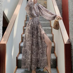 Vintage Beach Floral Maxi Dress Women Elegant Hollow Out Korean Holiday Split Dress Female Casual Long Sleeve Fairy Party Dress