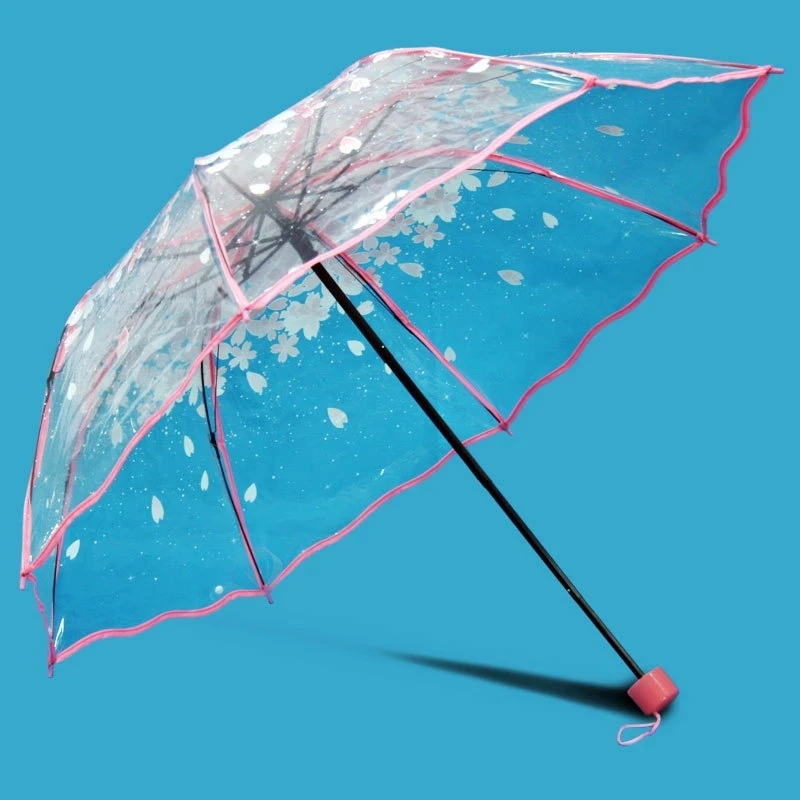 Transparent Fold PVC Clear Flower Printed Women Rainy Umbrellas White Rose Cherry Wedding Umbrella Outdoor Waterproof Parasol